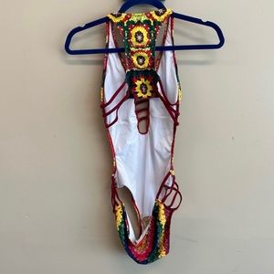 BeachBum one piece swimsuit retro strappy colorful rainbow medium